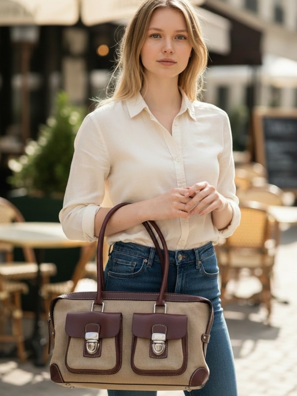 Y2K Dooney & Bourke Signature DB Canvas Shoulder Satchel Khaki Chestnut Leather